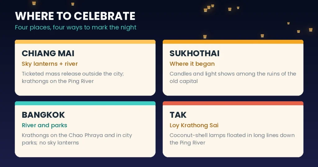Guide to where to celebrate Thailand's lantern festival in Chiang Mai, Sukhothai, Bangkok and Tak